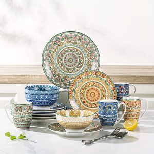 Vancasso 16 Pieces Porcelain Dinner Set For 4 - Mandala Dinnerware Dish Set Artisanal Pieces Boho Colourful Tableware