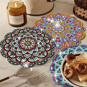 4pcs 4-Piece DIY Diamond Painting Coaster Set with Stand, Mandala Flower Coasters for Dining Table, Non-Slip, Holiday Party Decoration, Handmade Gift