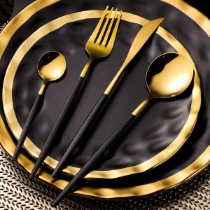 Black Golden Flatware, Royal 24 Piece Matte Black Handle 18/ 10 Stainless Steel Tableware Sets for 6 Including Forks Spoons Knives, Camping Silverware Travel Utensils Set Cutlery (Black Gold)