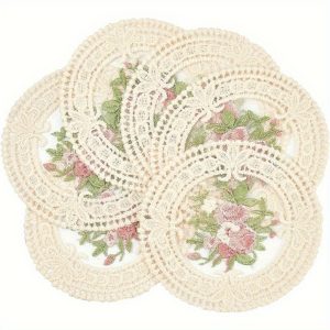 6pcs Embroidered Floral Lace Placemats - Vintage Style Round Doily Coasters, Heat-Resistant Table Mats for Dining and Restaurant