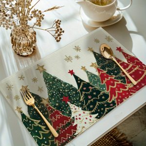 Festive Christmas Tree Placemats (4pcs Set) - Washable Polyester Table Mats for Holiday Dining Decor by Suige Home