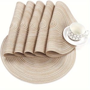 6pcs Beige Round Woven Placemats Set - Waterproof & Heat Resistant, Polyester Cotton Blend, Perfect for Kitchen & Dining Table, 7-Inch