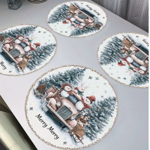 4-Piece Christmas Round Placemat Set - Hand Wash Only Polyester Woven Table Mats with Xmas Tree, Vintage Car, Snowman & Pine Cone Design for Holiday Kitchen Dining Decor