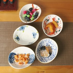 Japanese Style Hand-Painted Ceramic Dessert Plates - Floral Theme, Oval Shaped Snack Serving Dishes for Cold Appetizers, Fruits, Artisanal Tableware Set