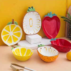 YumiPLUS Hand-Painted Ceramic Dinnerware - Cute Fruit Shapes for Salad, Rice & Soup | Strawberry, Lemon, Pineapple Designs