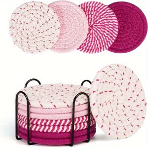 8 Coasters And 1 Iron Stand Set - Heat Insulating Mats, Cotton Rope Woven Placemats, Coasters, Crafts, Simple Coasters, Japanese Style Dining Table Placemats