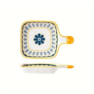 1pc, Stylish Flower Pattern Ceramic Dinner Plate with Handle - Perfect for Serving and Decorating Your Home Kitchen