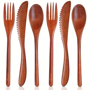 6pcs, Wooden Eating Tools For Dining, Consisting Of Spoons, Forks, And Knives, Suitable For Use In The Kitchen And On The Dining Table