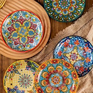 6pc Bohemian Ceramic 6-Piece Set: Hand-Painted Fruit Dish, Cold Dish, Bone Dish, Small Platter