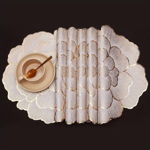 6pcs Golden Floral Vinyl Placemats Set - Round, Non-Slip, Wipeable Dining Table Mats For Special Occasions & Everyday Elegance