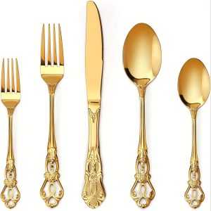 Golden Silverware Set, 30 Piece Vintage Royal Silverware Set For 6, Rust Resistant Stainless Steel Flatware Set, Includes Forks Spoons And Knives, Dishwasher Safe