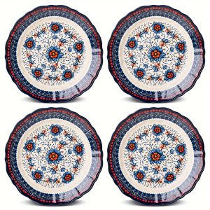 4 Pieces Ceramic Dinner Plate, Rustic Style, Quality Dinner Plate with Floral Pattern for Serving Food, Microwave Oven Heatable, Suitable for Kitchen, Dining Room etc