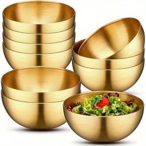 4-Piece Set, Golden Salad Bowls Made from Durable 201 Stainless Steel - Rust Resistant, Ideal for Fruit, Noodles & Baking - Multipurpose Kitchen Serveware