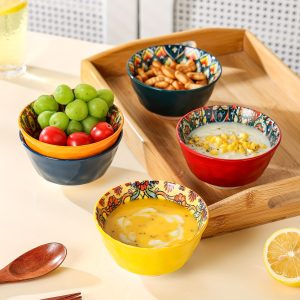 Bohemian Ceramic Bowl Set - 12oz Colorful Boho Dishes for Soup, Salad, Cereal, Fruit - Oven, Dishwasher, Microwave Safe - Includes 4.8inch Serving Bowls in Red and Orange