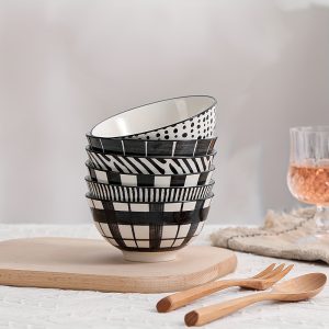 Japanese Black and White Porcelain Dessert Bowls, Set of 6, 10 oz, Small Bowls for Ice Cream, Rice, Soup, Snacks, Microwave and Dishwasher Safe, 4.75 Inch