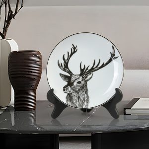 Art Deco Ceramic Decorative Plate with Deer Illustration - Animal Themed Round Display Platter for Christmas, Halloween, Thanksgiving, Father's Day, Mother's Day - Ideal Gift for Holidays