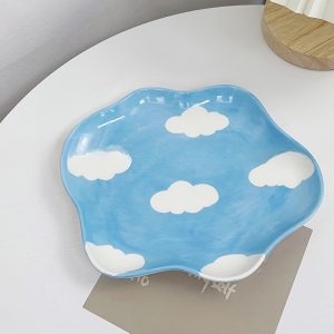 Charming Blue Sky & Clouds Ceramic Plate - Perfect for Breakfast, Desserts & Cakes | Cute Cartoon Design Kitchen & Dining Accessory